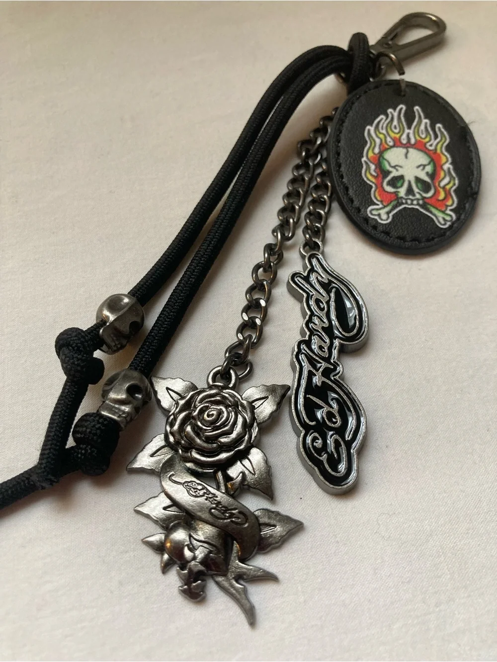 Ed Hardy Black Flame Skull Keychain with Red and Yellow Accent